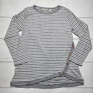 Soft Surroundings Ribbed Striped Gray White Button Detail Tulip Hem Top Medium